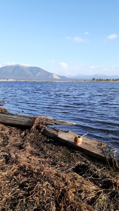 matecito viajero en la orilla del lago fagnano Tolhuin